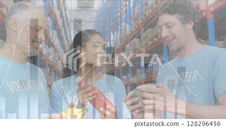 Statistical data processing against male and female volunteers opening donation bags at warehouse 128296456