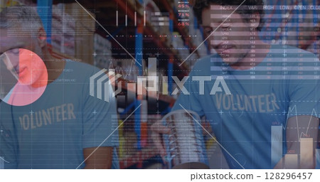 Statistical data processing against two male volunteers opening donation bags at warehouse 128296457