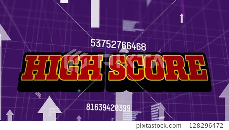 Image of high score text and arrows over grid and data processing Image of high score text and arrows over grid and data processing 128296472