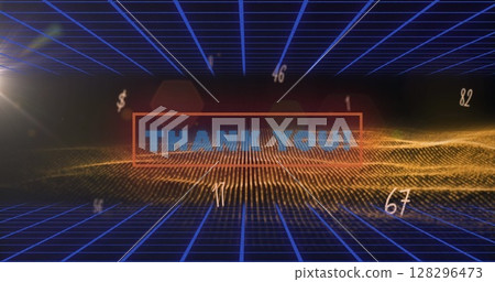 Image of thank you text over grid and flying numbers 128296473