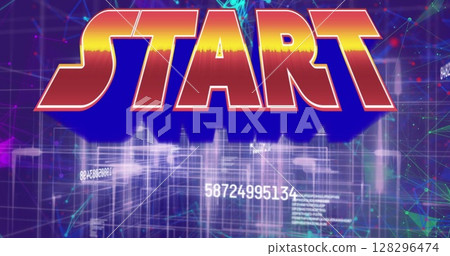 Image of start text over network of connections and data processing 128296474