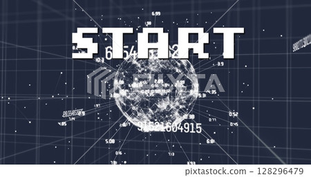 Image of start text over network of connections and data processing on grid Image of start text over network of connections and data processing on grid 128296479