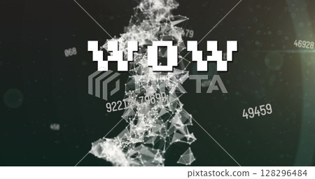 Image of wow text over data processing and network of connections 128296484