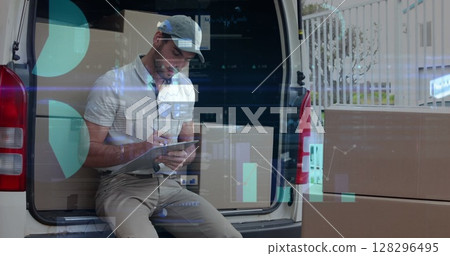 Image of statistics and data processing over delivery man with clipboard in van 128296495