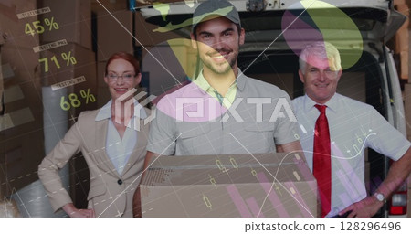Image of statistics and financial data processing over delivery man with managers 128296496