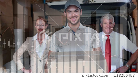 Statistical data processing against portrait of male and female supervisor and delivery man smiling 128296498