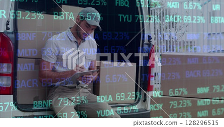 Image of statistics and financial data processing over delivery man Image of statistics and financial data processing over delivery man 128296515