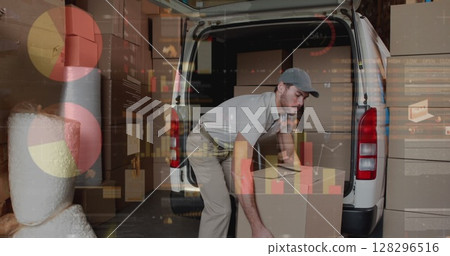 Statistical data processing against caucasian male delivery man stacking boxes in his delivery van 128296516