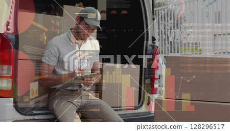 Image of statistics processing over delivery man with cardboard boxes 128296517