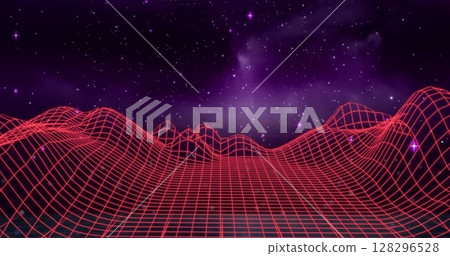 Image of glowing neon lights over grid and map lines 128296528