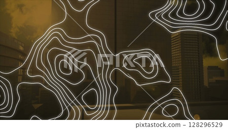 Digital composition of topography floating against tall buildings in background 128296529