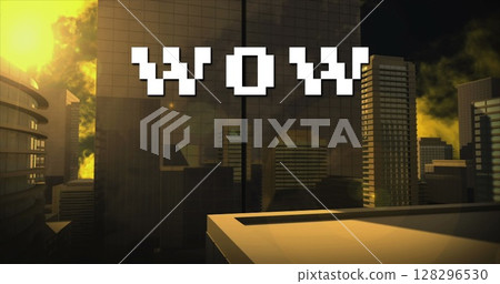 Image of wow text in white letters over cityscape 128296530