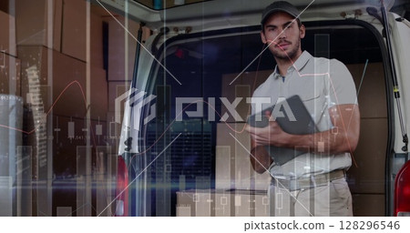 Image of statistics and financial data processing over delivery man and van 128296546