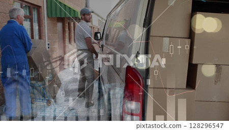 Image of statistics and financial data processing over delivery man and van 128296547