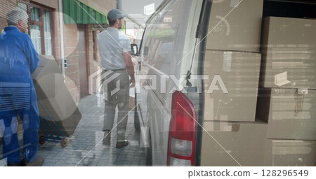 Image of statistics and financial data processing over delivery man and van 128296549