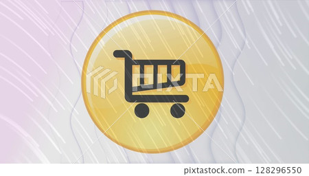Light trails over shopping cart icon on yellow banner over concentric waves on white background 128296550