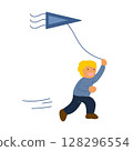 Illustration of a boy running with a kite 128296554