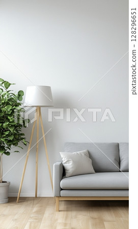White wall  with shadow sun bright, grey sofa and plant for modern living room 128296651