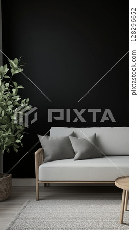 Black wall  with shadow sun bright, grey sofa and plant for modern living room 128296652