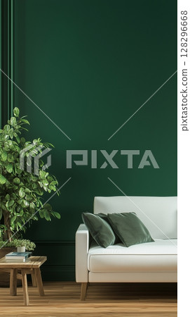 White wall  with shadow sun bright, green sofa and plant for modern living room 128296668