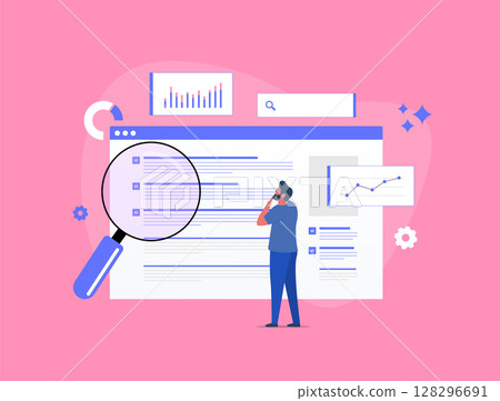 Search engine optimization process with serp analysis and seo ranking. User behavior tracking and search audit interface in flat design. Digital strategy tools. Vector illustration Search engine optimization process with serp analysis and seo ranking. User behavior tracking and search audit interface in flat design. Digital strategy tools. Vector illustration 128296691