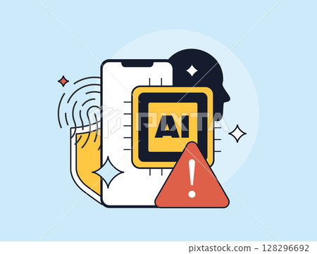 AI privacy risks in mobile technologies with biometric data access, security warning and ai ethical concerns. AI privacy risks - access to all private information of person. Flat vector illustration 128296692