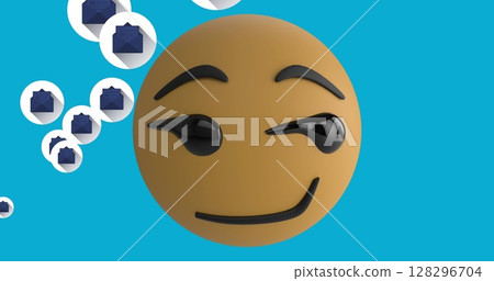 Image of smiling emoji icon with email icons on blue background 128296704