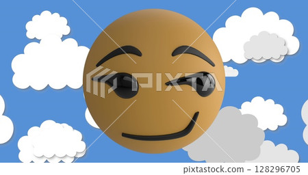 Image of smiling emoji icon with clouds on blue background 128296705