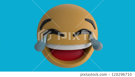 Image of smiling emoji icon on blue background 128296710