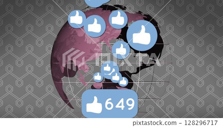 Digital image of a rotating globe with a chat bubble of a followers icon counting up 128296717
