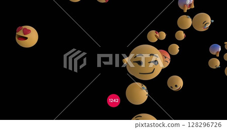 Increasing numbers on round red banner over multiple face emojis floating against black background 128296726