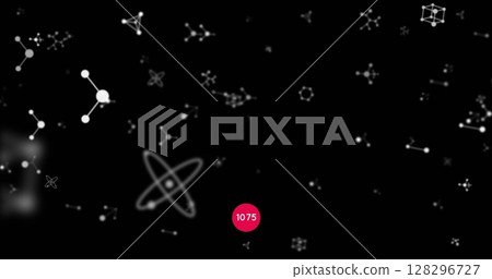 Increasing numbers on round red banner over molecular structures floating against black background 128296727