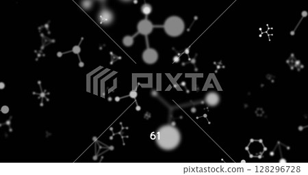 Digital image of increasing numbers over molecular structures floating against black background 128296728