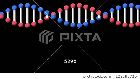 Digital image of increasing numbers over dna structure spinning against black background 128296729