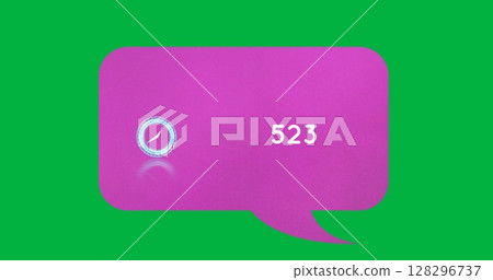 Neon ticking clock and increasing numbers on pink speech bubble against green background 128296737