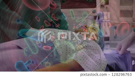Image of multiple blood vessels floating over doctors in hospital Image of multiple blood vessels floating over doctors in hospital 128296763