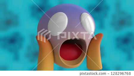 Digital image of changing face emojis against abstract design on blue background 128296768