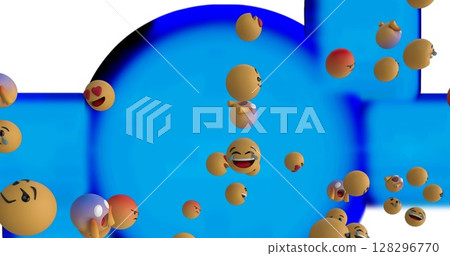 Image of emoji icons floating on blue background 128296770