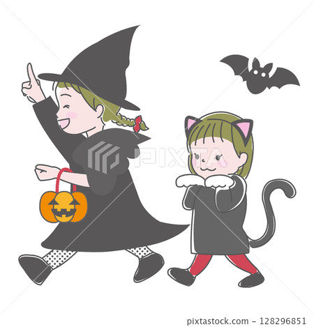 A girl dressed up as a witch and a black cat for Halloween A girl dressed up as a witch and a black cat for Halloween 128296851
