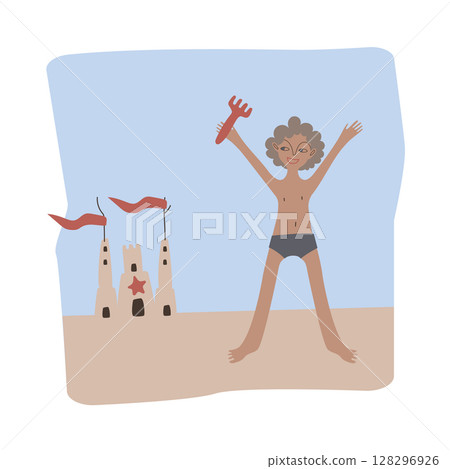 Tanned curly boy enjoying sand castle. Children's game. Square scene. Vector illustration for advertisement, poster, postcard or brochure about tourist complex or resort. 128296926