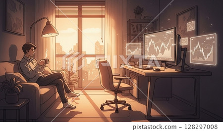 人工智慧在黃昏時分在家中進行股票交易 128297008