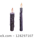 Set Witch's magical purple violet wax candle flame isolated on white background. Watercolor hand drawn dark fantasy sketch illustration. Art design mystical halloween witch decoration greeting card 128297107