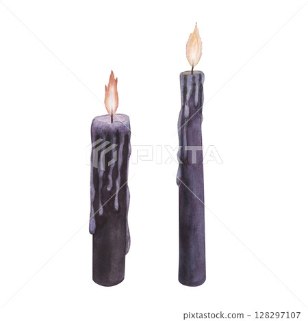 Set Witch's magical purple violet wax candle flame isolated on white background. Watercolor hand drawn dark fantasy sketch illustration. Art design mystical halloween witch decoration greeting card 128297107