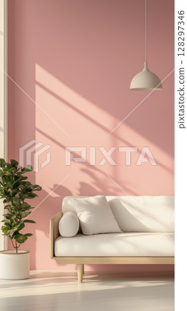 Pink wall  with shadow sun bright, lamp, white sofa and plant for modern living room 128297346