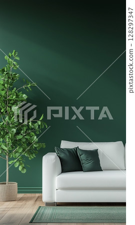 White wall  with shadow sun bright, green sofa and plant for modern living room 128297347