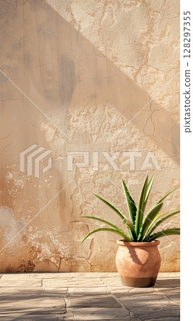 Wall stucco texture with shadow window sun light and clay pot plant decoration 128297355