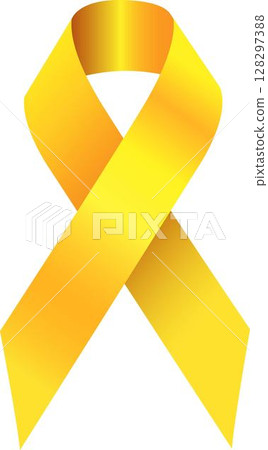 Realistic Awareness Yellow ribbon. Childhood Cancer Awareness Ribbon. Realistic yellow ribbon, childhood cancer awareness symbol. 3d tape EPS 10. Design Template for poster, Website Magazine. Vector 128297388