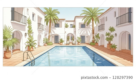 A Mediterranean-style resort courtyard surrounded by white walls 128297390