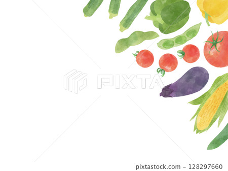 A horizontal frame with watercolor-style summer vegetables on the upper right 128297660