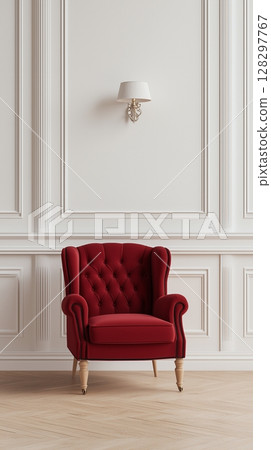 Red armchair sofa and blank modern interior white wall cozy minimalist room 128297767